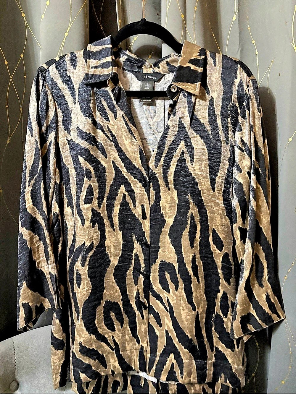 ali miles Animal Print Blouse in Black & Brown Size Small